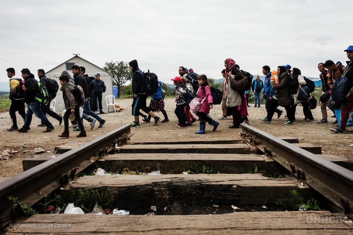 Migrants crossing train track