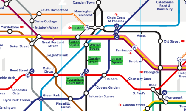 Close-up of the London tube map highlighting the six tube stations nearest to LSHTM