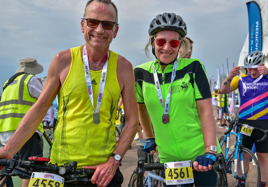 Professor Liam Smeeth and Professor Tanya Marchant happy to arrive in Brighton together, with their finisher’s medals