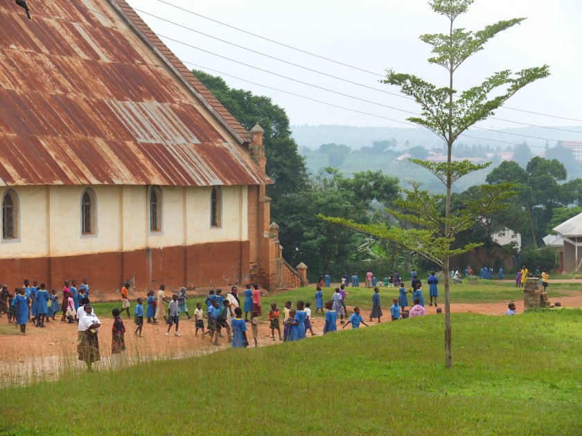 People leaving church, Villa Maria Parish, Uganda: Copyright Sarah Walters
