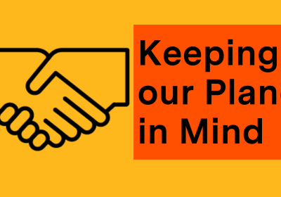 Graphic featuring handshakes icon with a text &quot;keeping our planet in mind&quot;