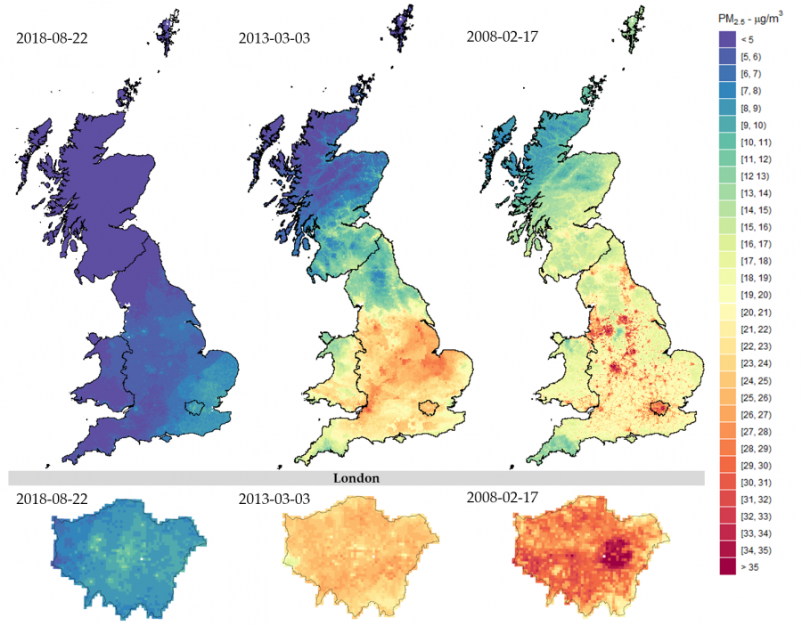 Caption: day-specific PM2.5 estimations across Great Britain (Top) and London (Bottom). Credit: LSHTM/SchneiderGasparrini