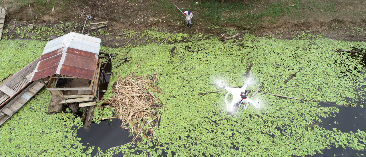 Drone flying over potential larval habitat of malaria vector Anopheles darlingi, Peruvian Amazon (Credit: Gabriel Carrasco-Escobar)