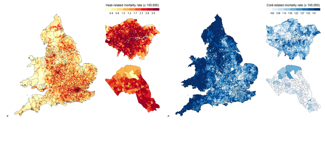 Heatmap showing temperature-related mortality in the UK