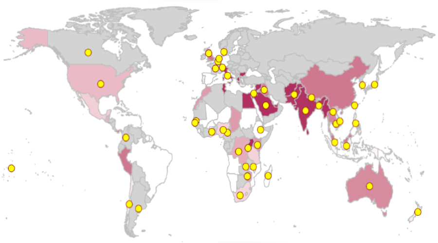 World map with markers representing the Global Typhoid Genomics Consortium&#039;s almost 200 members across 45 countries