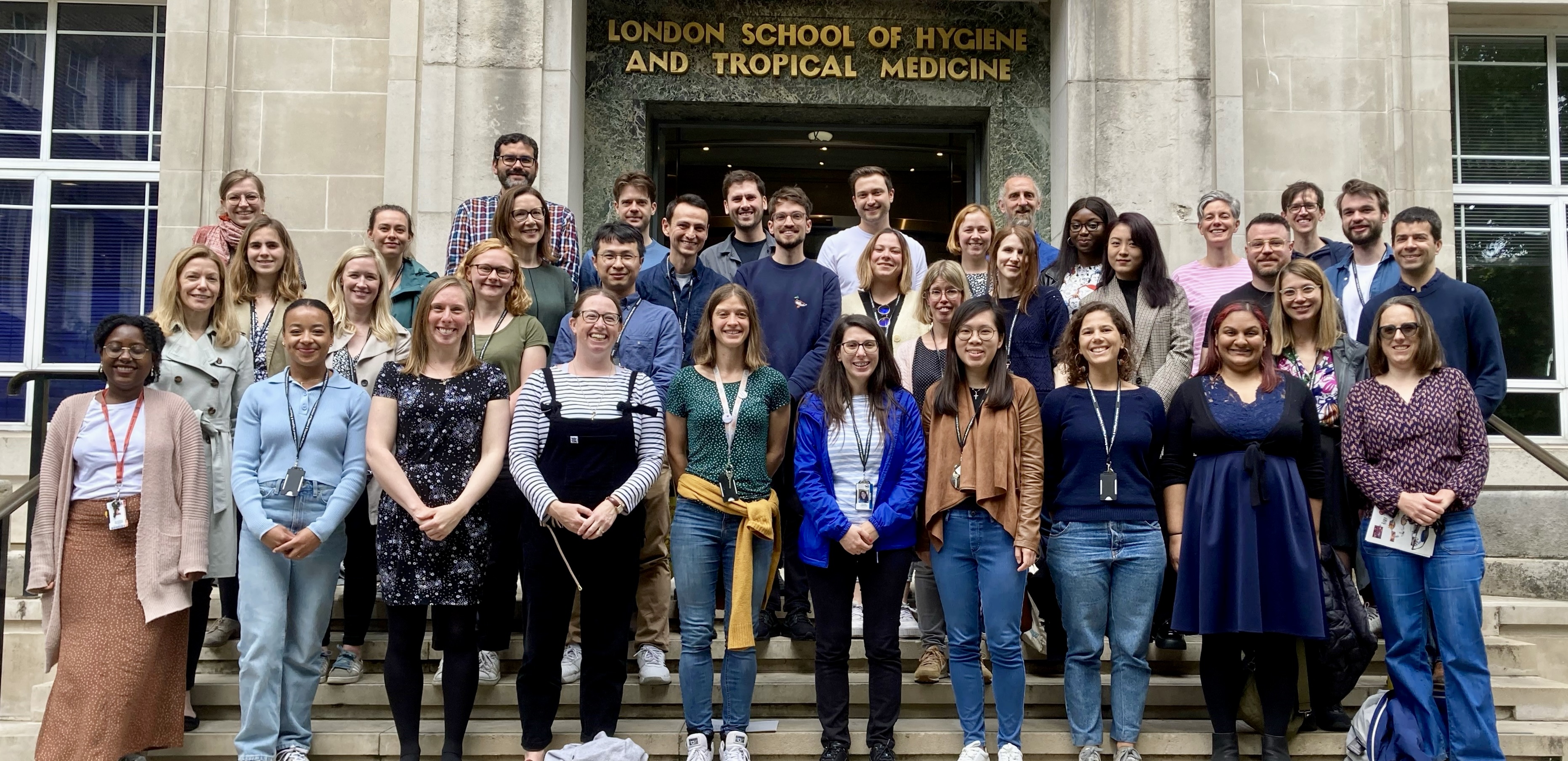 A picture of the EHR Research Group on the front steps of LSHTM.