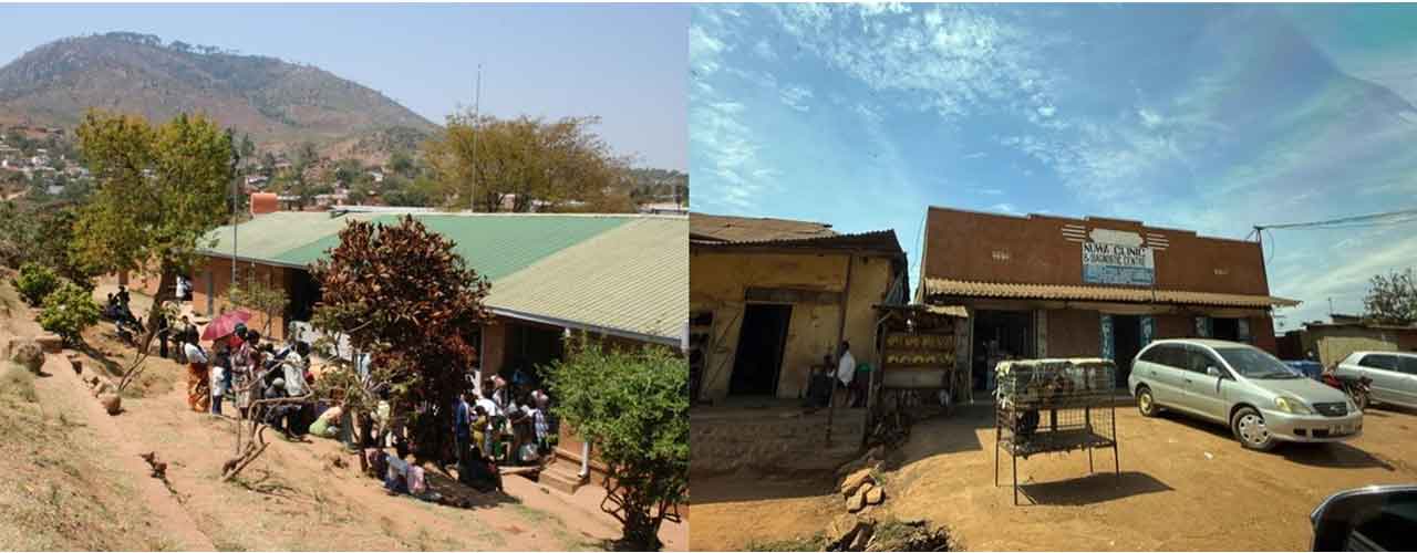 A health centre in Blantyre, Malawi (left) and a diagnostic centre in Kampala, Uganda (right)