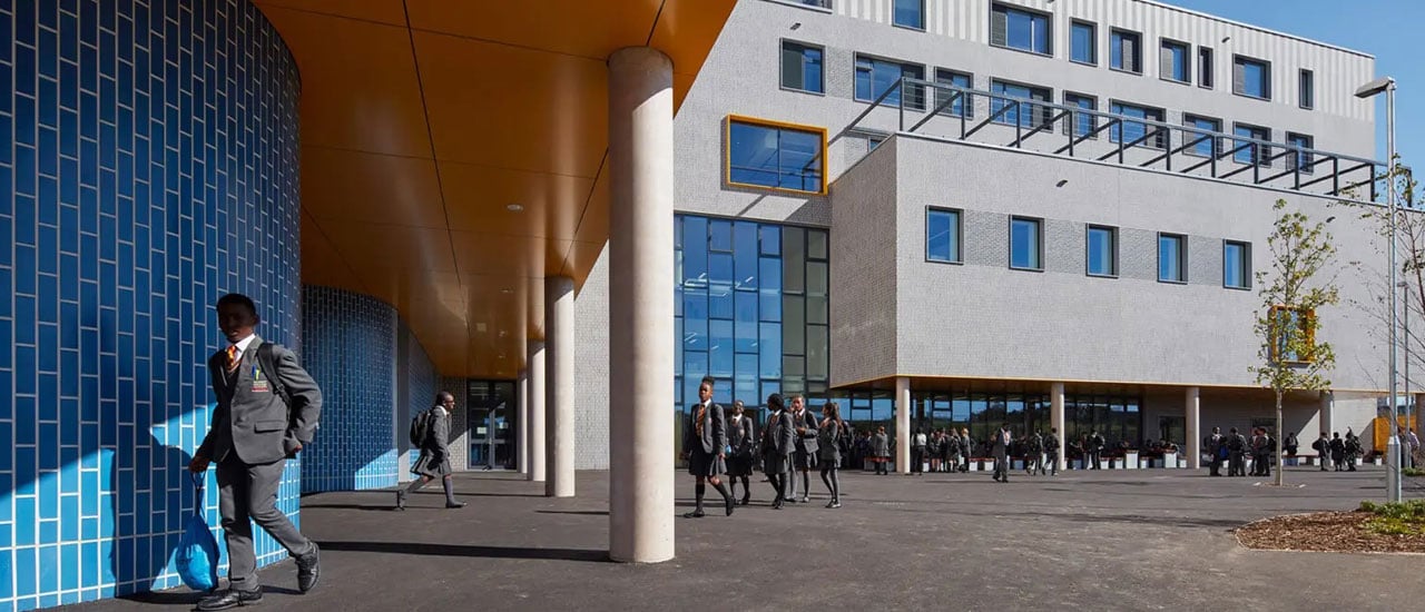 South elevation. Bobby Moore Academy, London, United Kingdom. Credit: Dennis Gilbert/View Pictures/Universal Images Group via Getty Images.