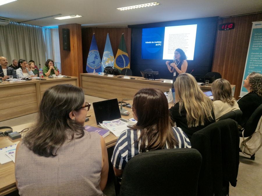 People sitting in a conference room, watching a presentation with presenter standing in front of slides with flags in the background