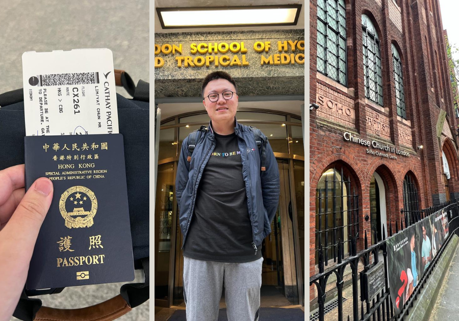 (left) A flight ticket from Hong Kong & a Hong Kong passport; (centre) Alan Lim standing outside LSHTM Keppel Street building; (right) the Soho Outreach Centre of Chinese Church in London