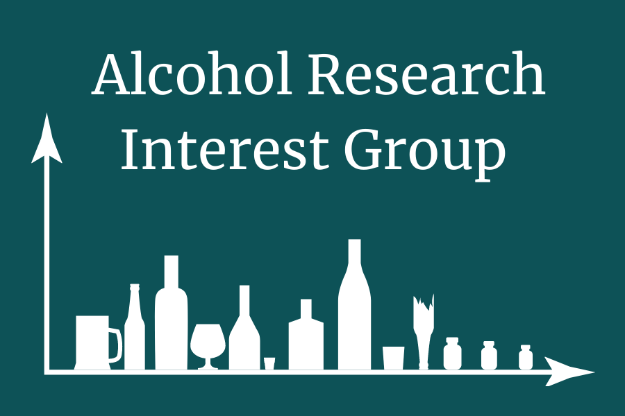 Text says Alcohol Research Interest Group on teal background with a graph showing different outlines of bottles.