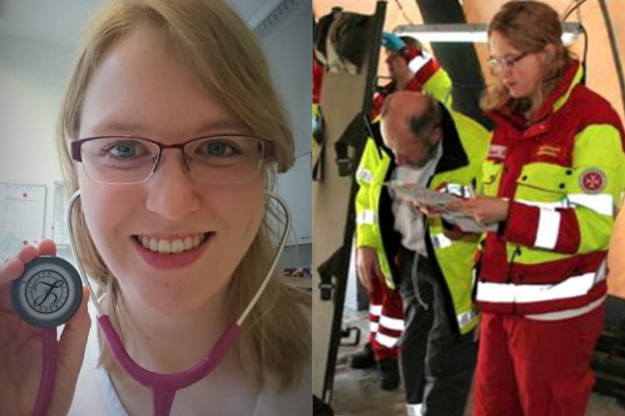 On the left hand side is a close up picture of Alica with stethoscope in ears and holding the end to the camera. On the right hand side Alica is wearing red and fluorescent yellow coveralls for voluntary work, she's holding a reading a sheet of paper and other volunteers are in the background
