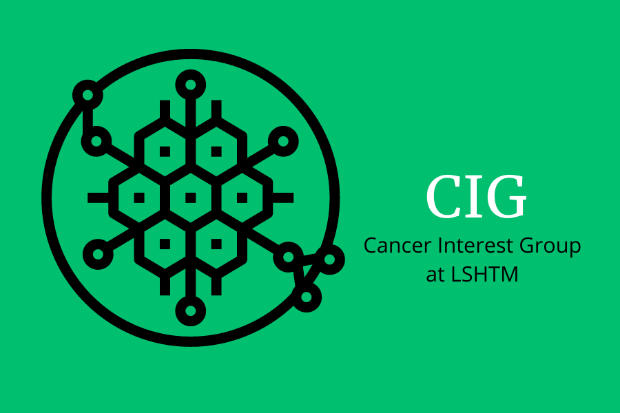 Green background with black cell network made up of hexagons and circle. Text says CIG Cancer Interest Group at LSHTM