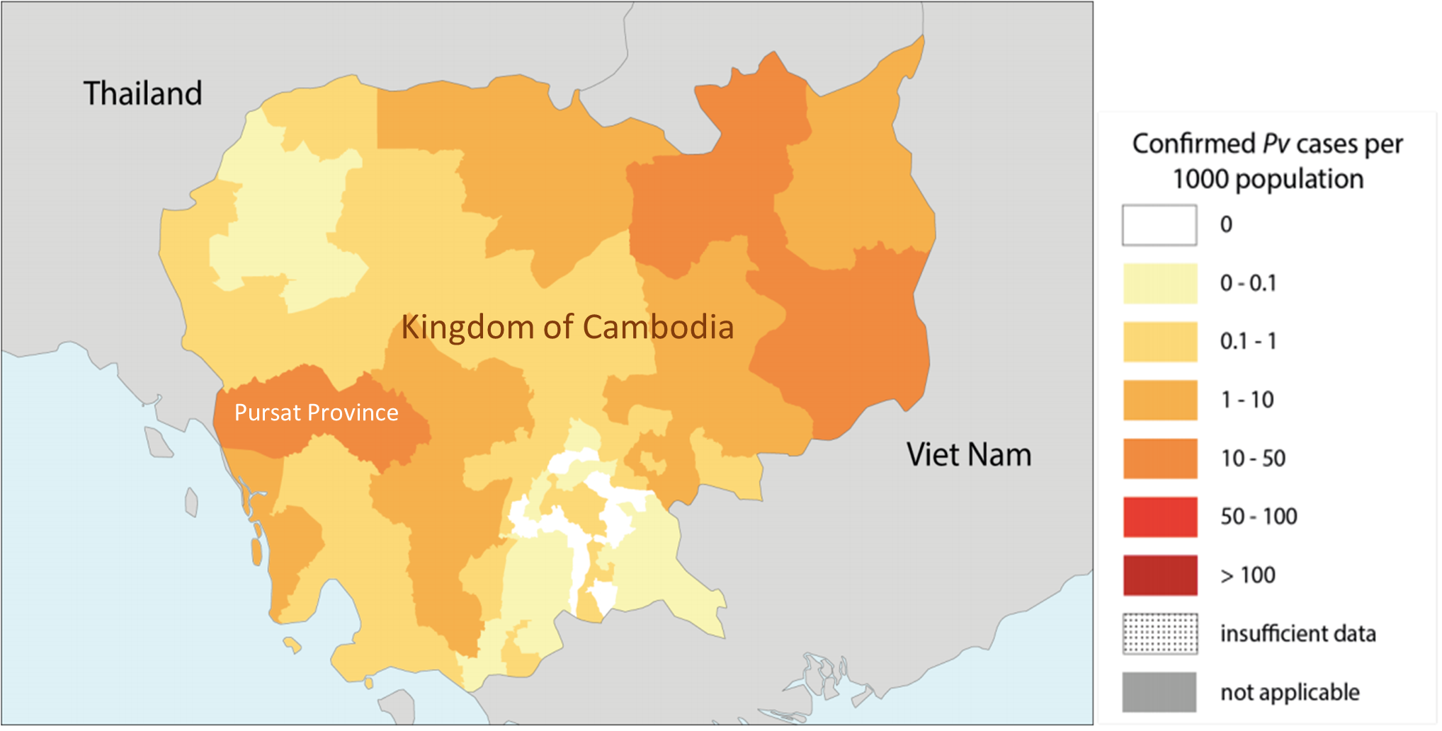 Incidence of P. vivax cases in Cambodia, 2017. Pursat Province, where the VIGTARC study is taking place, has been highlighted. Adapted from source: WHO Global Malaria Report (2018).