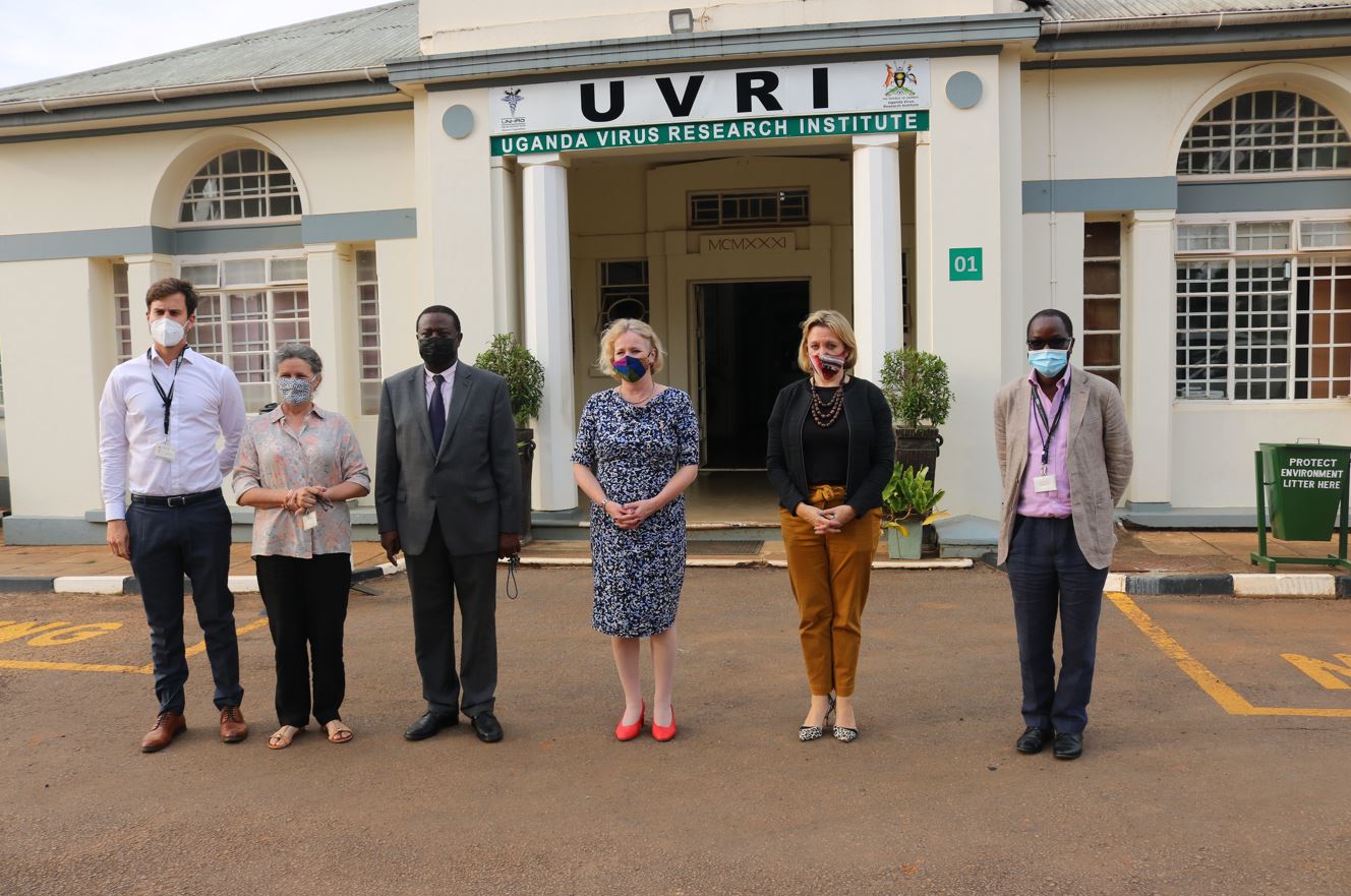 From right: Dr. Jonas Lexow, Prof. Allison Elliot, Prof. Pontiano Kaleebu, UK Minister Vicky ford, Ambassador Kate Airey and Prof. Moffat Nyirenda