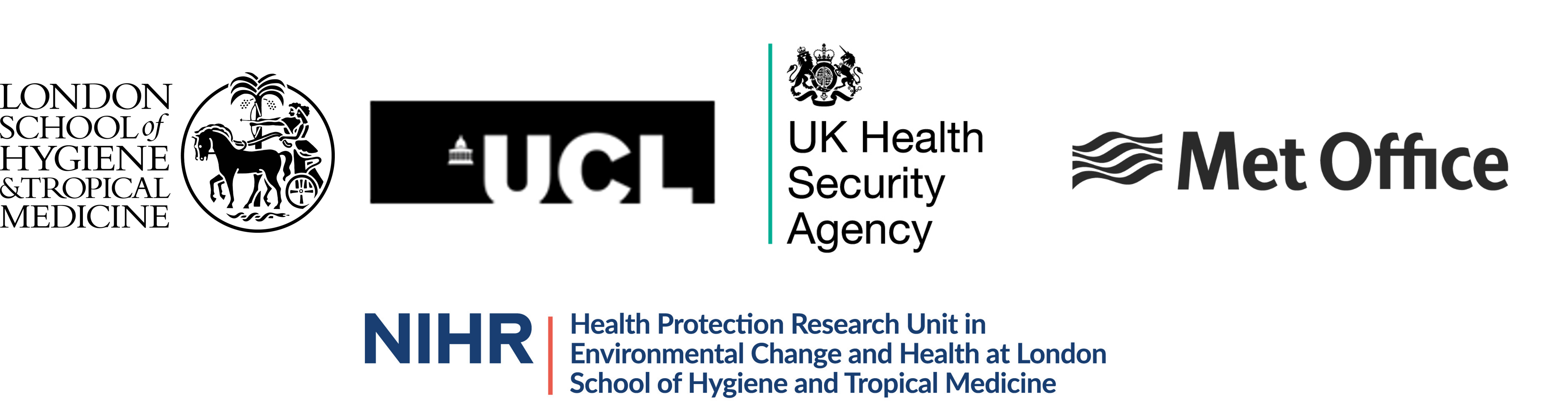 Collaborators logo - LSHTM, UCL, UK Health Security Agency, Met Office and NIHR Health Protection Research Unit in Environmental Change and Health at London School of Hygiene & Tropical Medicine