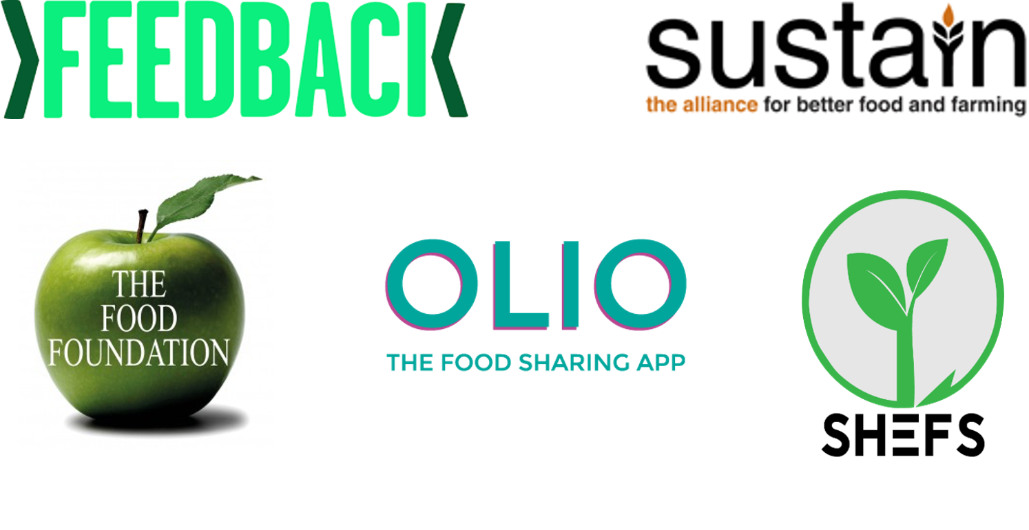 Collaborators logo which includes: Feedback, Sustain, The Food Foundation, Olio, Shefs