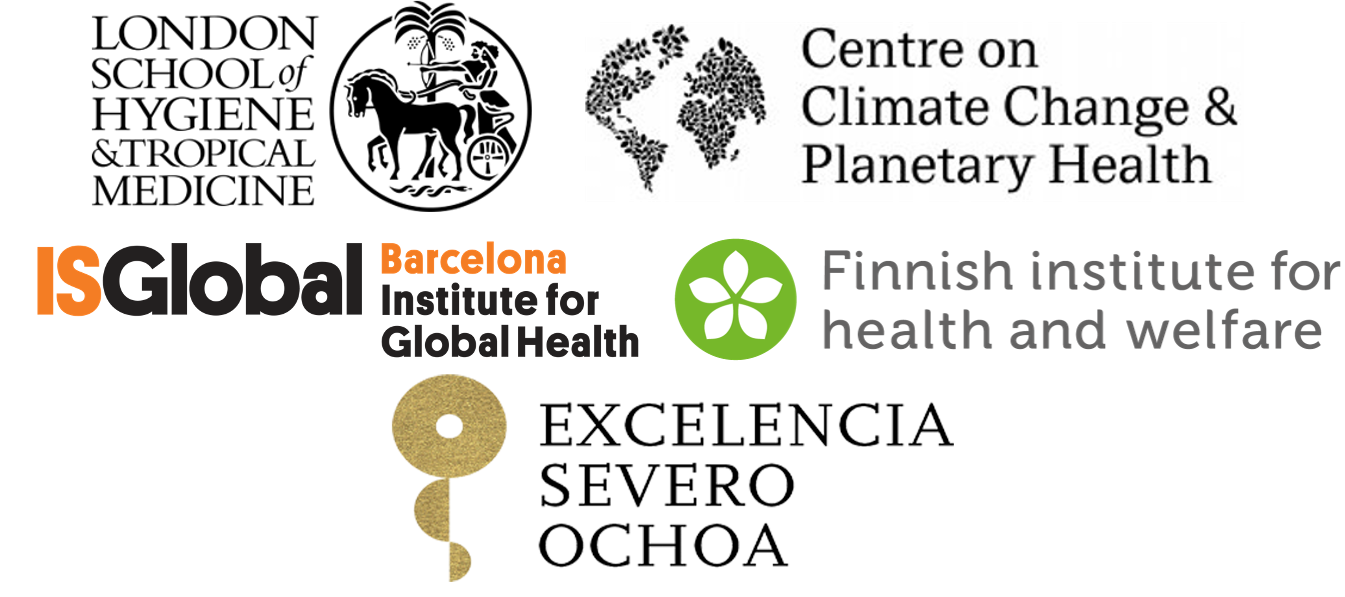 Collaborators' logo - LSHTM Centre on Climate Change & Planetary Health, ISGlobal, Finnish Institute for Health and ISGlobal Severo Ochoa Strategic Programme
