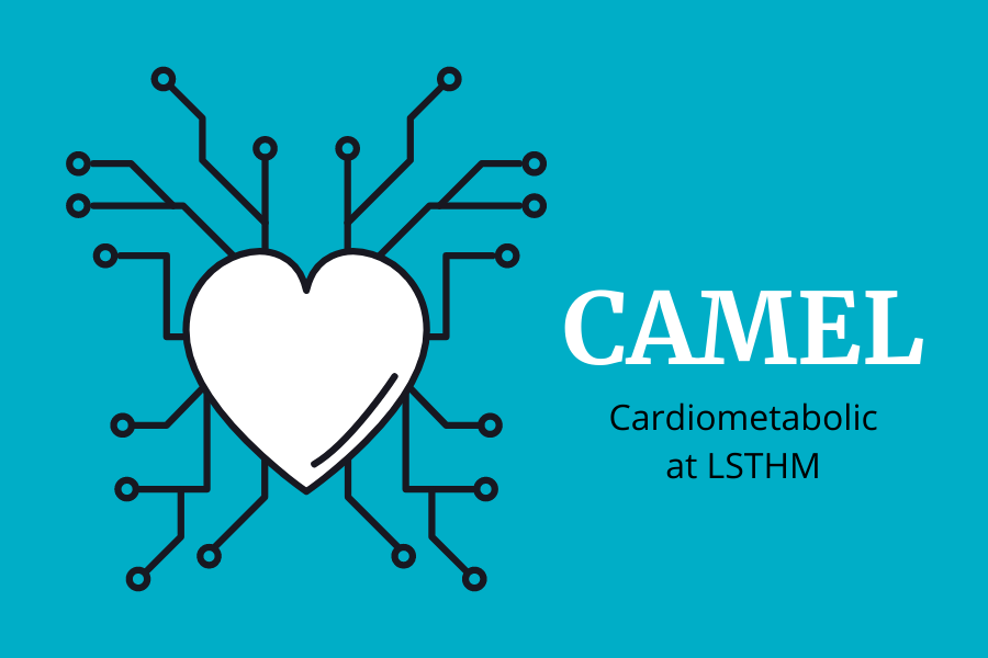 Blue background with white heart and black networks coming off of it. Text says CAMEL Cardiometabolic at LSHTM.