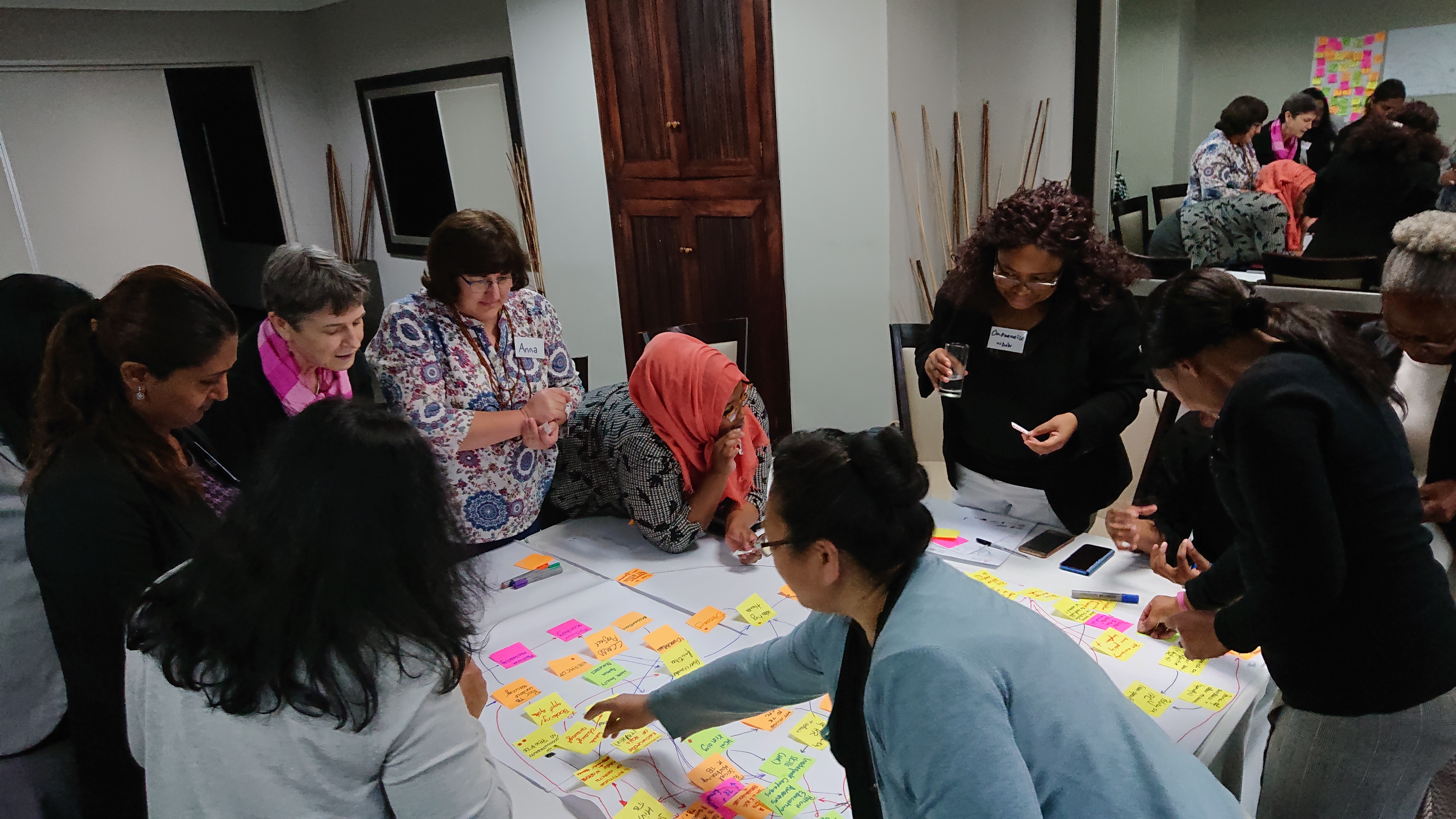 group of people standing around table putting post-it notes on chartboard paper