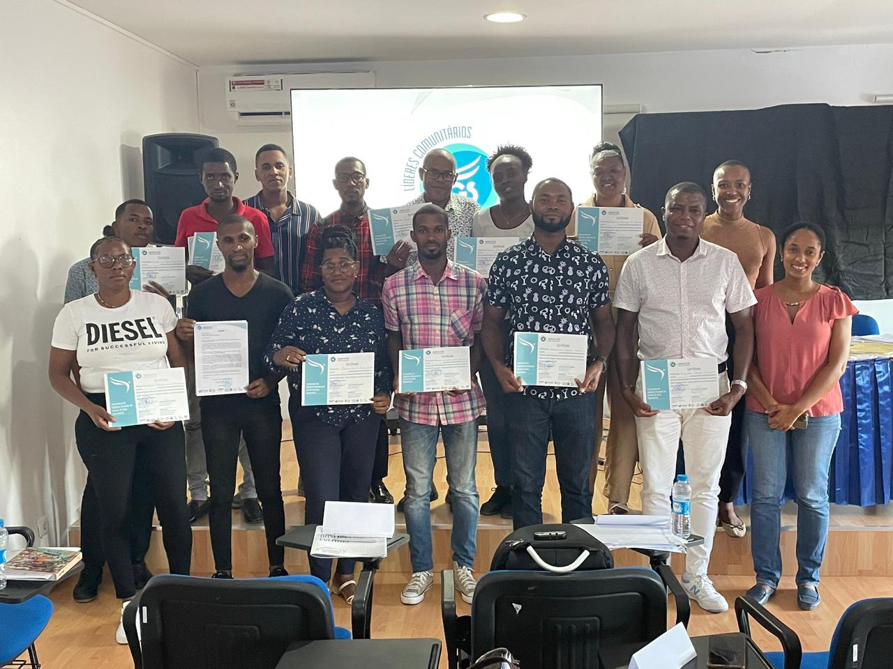 Group photo of EBS study Cape Verde workshop participants holding certificates of completion