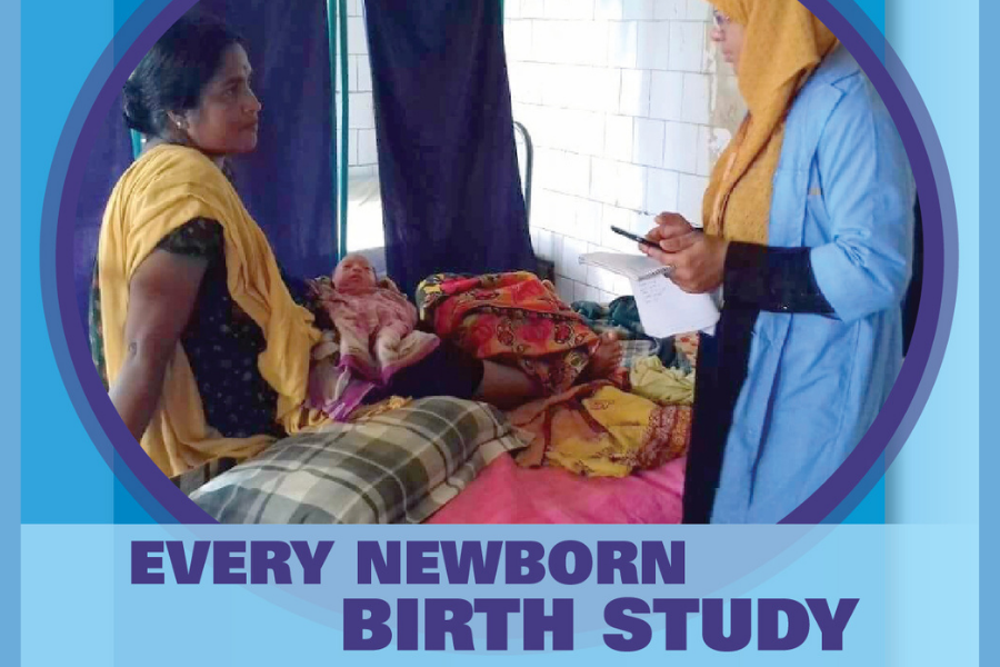 The centre of the image shows a woman sat on a bed with a newborn in her lap, she's wearing multicoloured clothing. Next to her stood is a health worker with a tablet conducting a survey. The background is blue and the text Every Newborn Birth Study is at the bottom. 