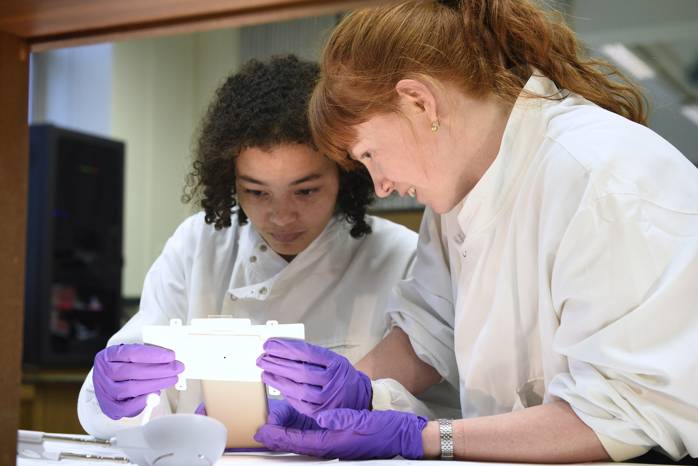 LSHTM researcher and a visiting pupil using a paper microscope to look at samples