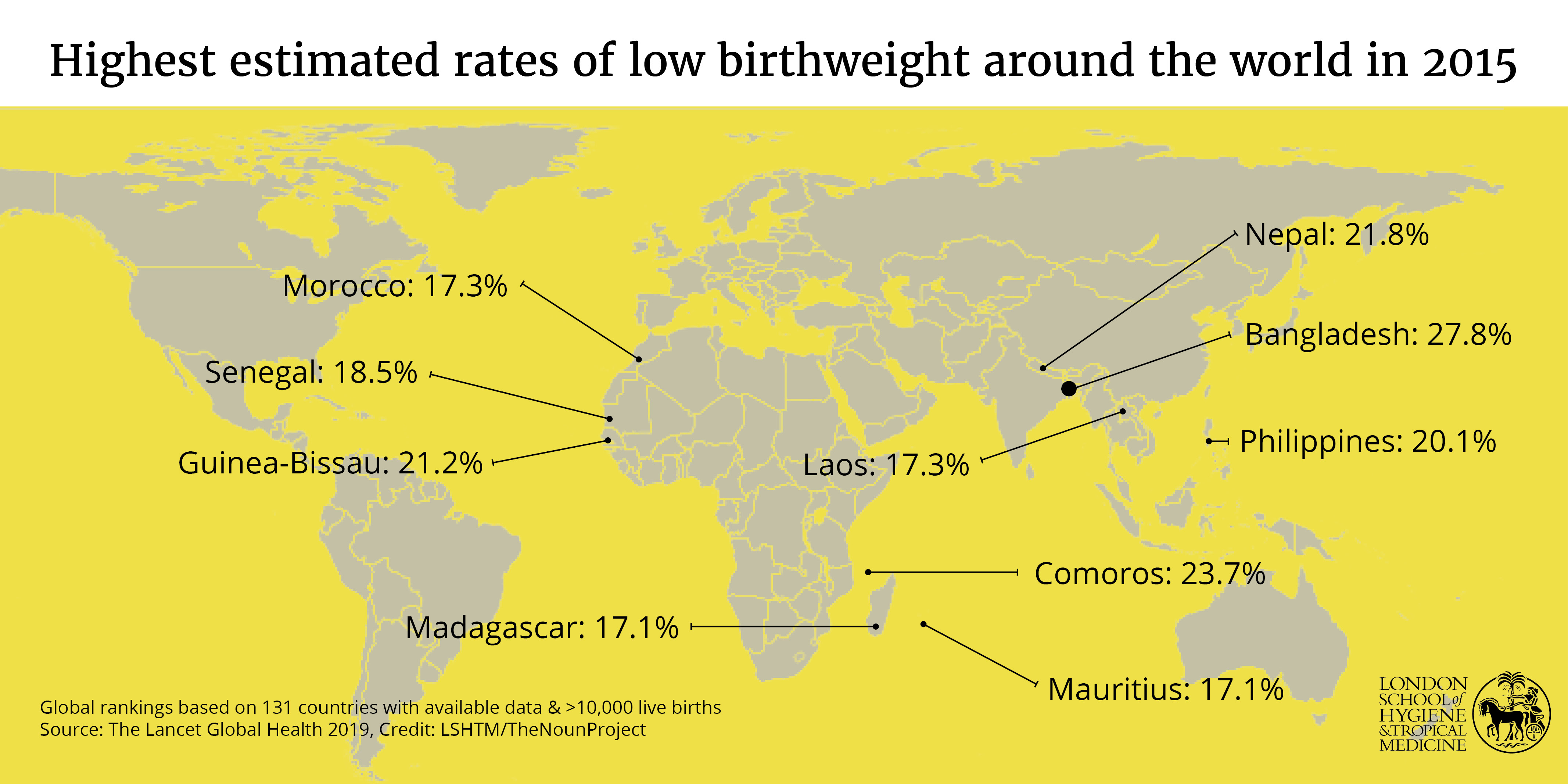 Highest rates of low birthweight around the world in 2015