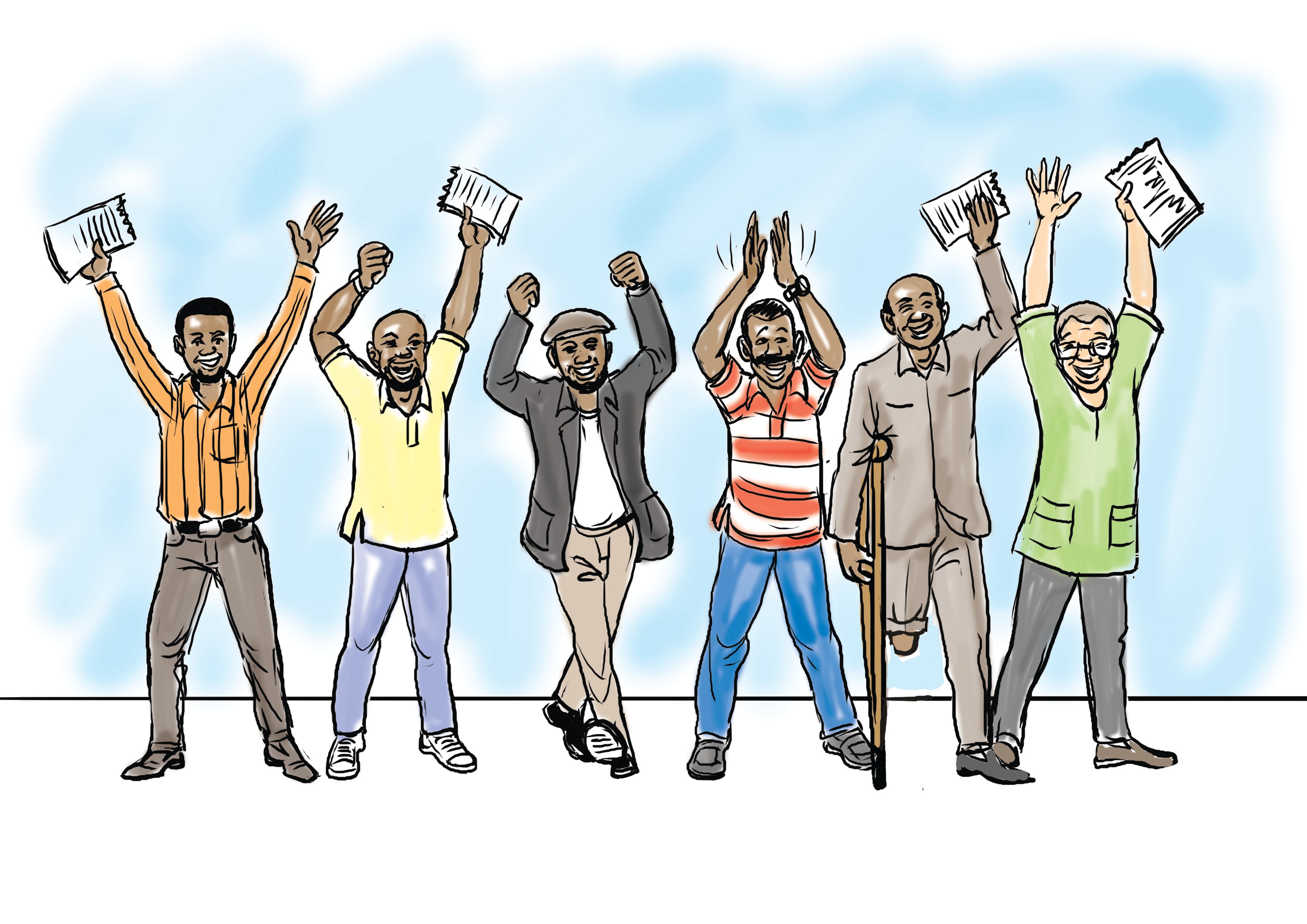 Standing in a line, a group of men hold up certificates in the air in celebration of their graduation from the LINEA curricula
