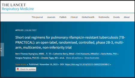 Tittle and authors of article in Lancet on Short oral regimens for pulmonary rifampicin-resistant tuberculosis (TB-PRACTECAL): an open-label, randomised, controlled, phase 2B-3, multi-arm, multicentre, non-inferiority trial