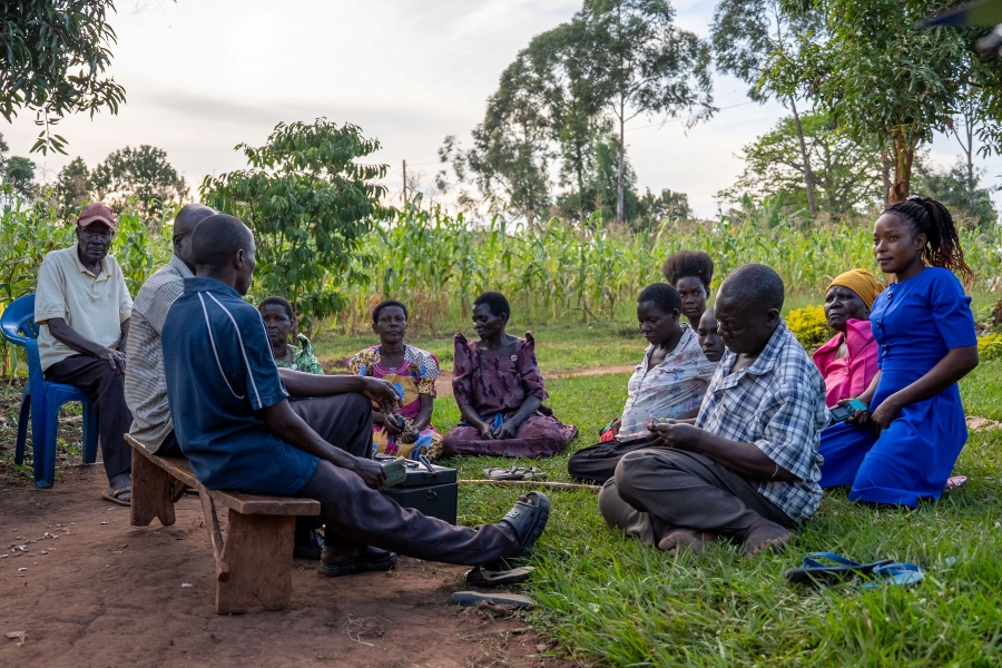 A group of people with disabilities and their families at a PLA-D group meeting in Luuka, Uganda