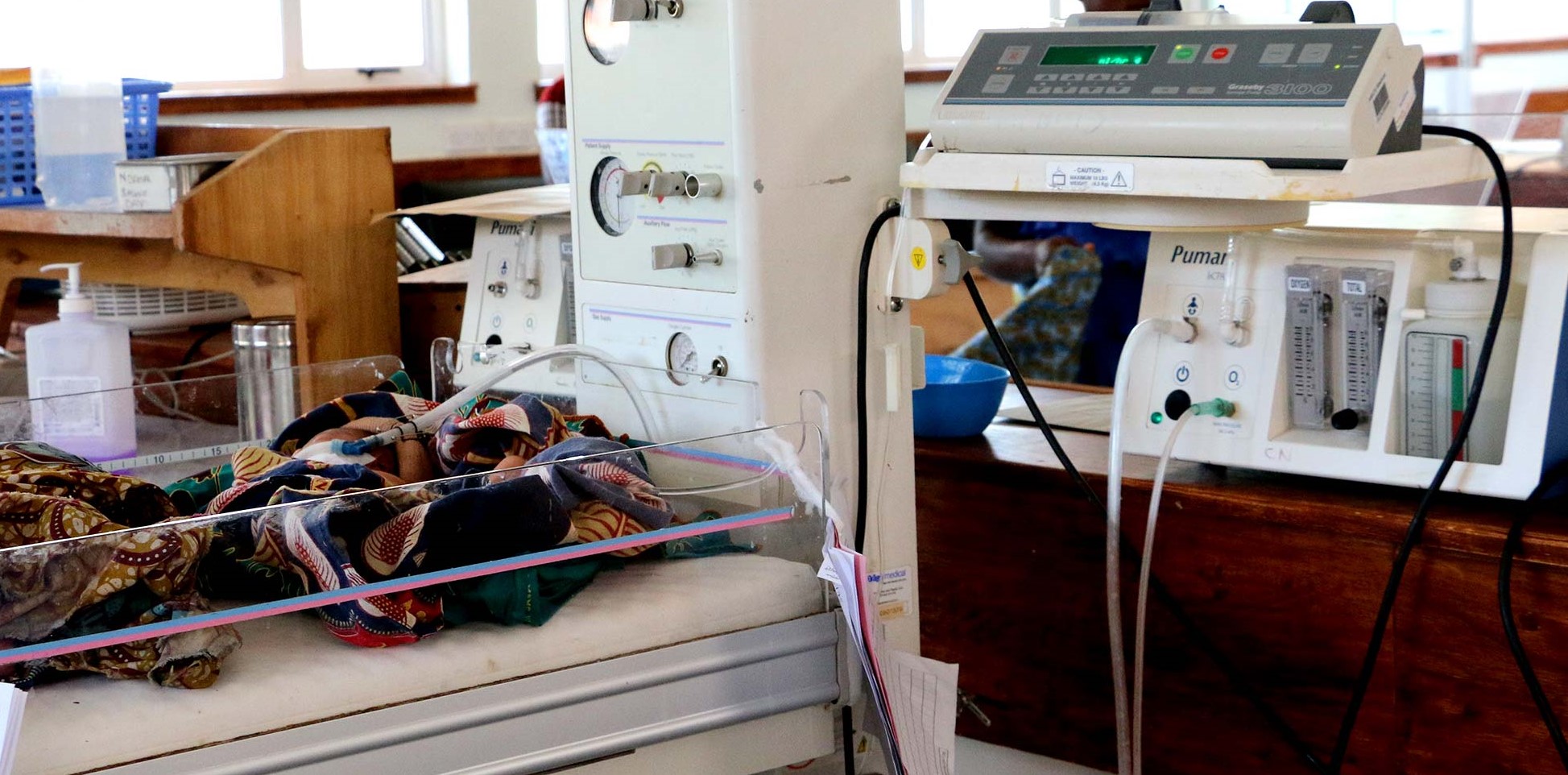 Baby on CPAP machine in a hospital in Malawi. Credit: NEST360, Rice University