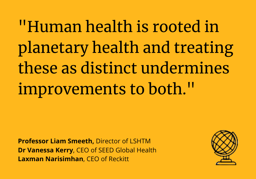 Quote card: "Human health is rooted in planetary health and treating these as distinct undermines improvements to both."