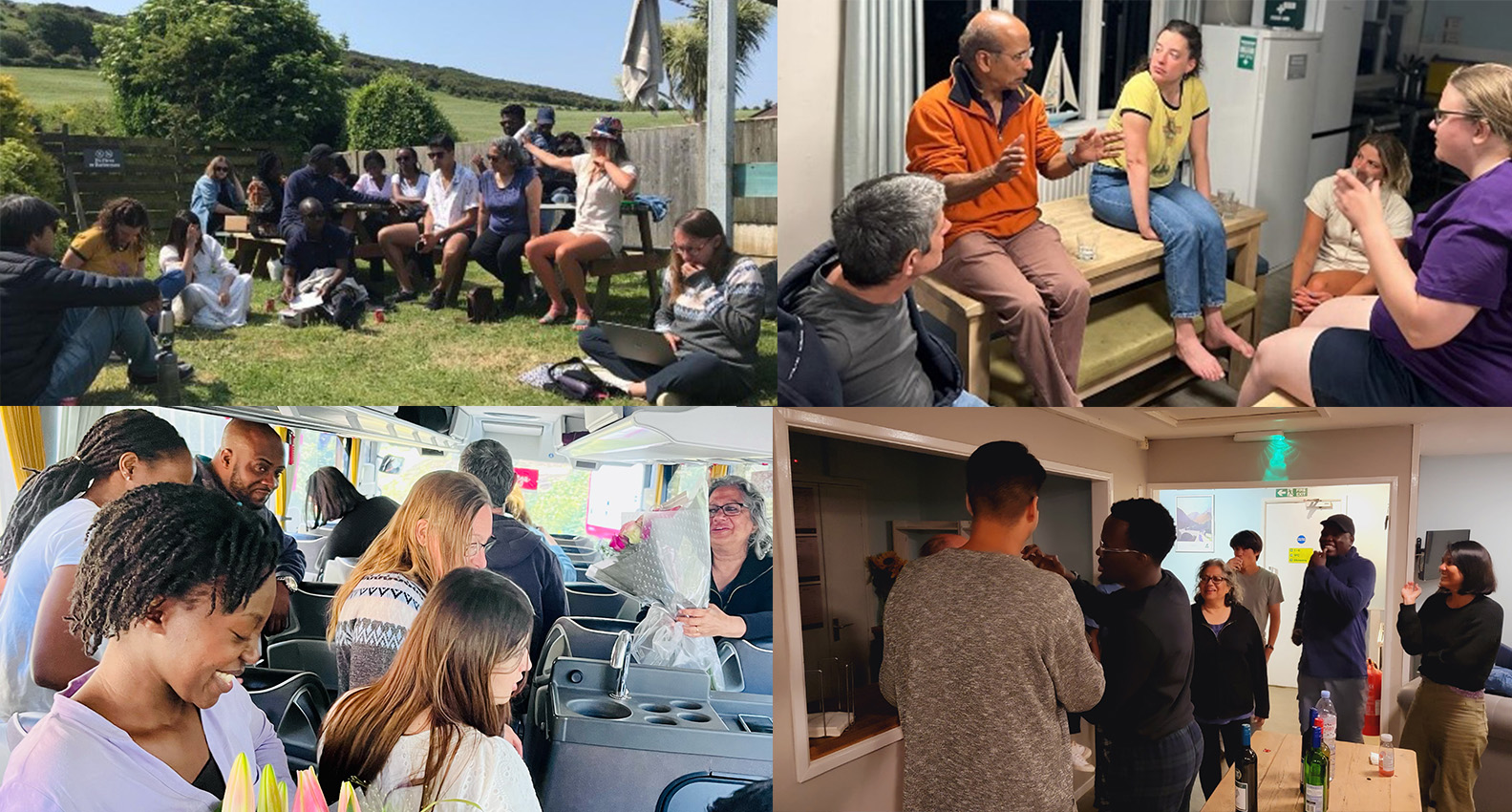 MSc PH4D students relaxing on their retreat, talking to Programme Directors and on the coach
