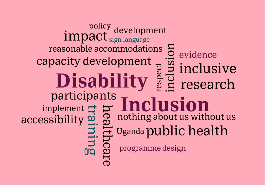 A work cloud displaying words such as Disability Inclusion, inclusive research, programme design, nothing about us without us, inclusion, healthcare, public health, respect, capacity development, training, reasonable accommodations, participants, Uganda, evidence, implement, accessibility, sign language, impact, policy, and development