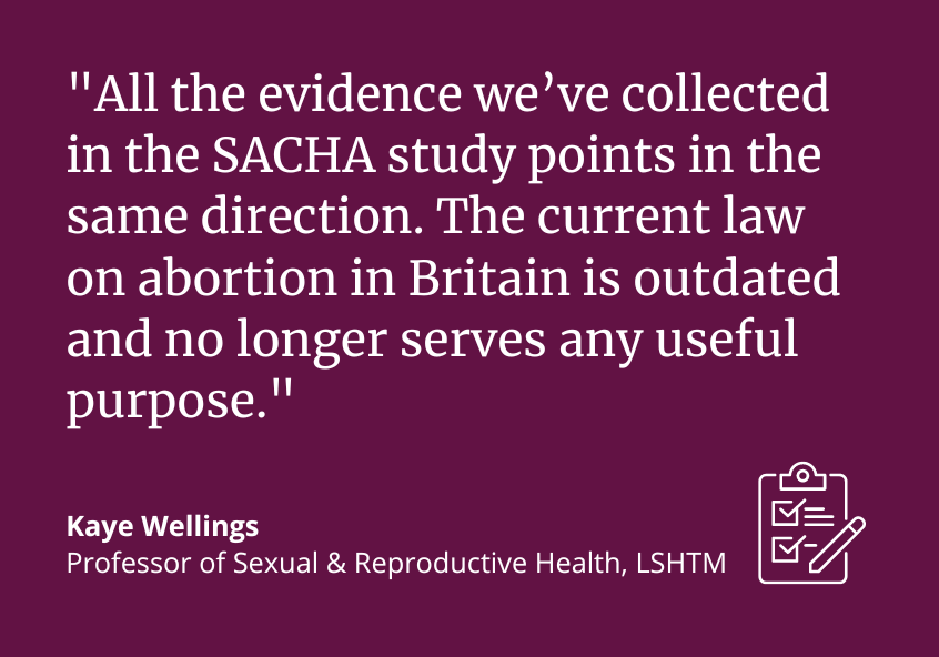 &quot;All the evidence we collected in the SACHA study points in the same direction. The current law on abortion in Britain is outdated and no longer serves any useful purpose.&quot; Kaye Wellings, Professor of Sexual &amp; Reproductive Health, LSHTM