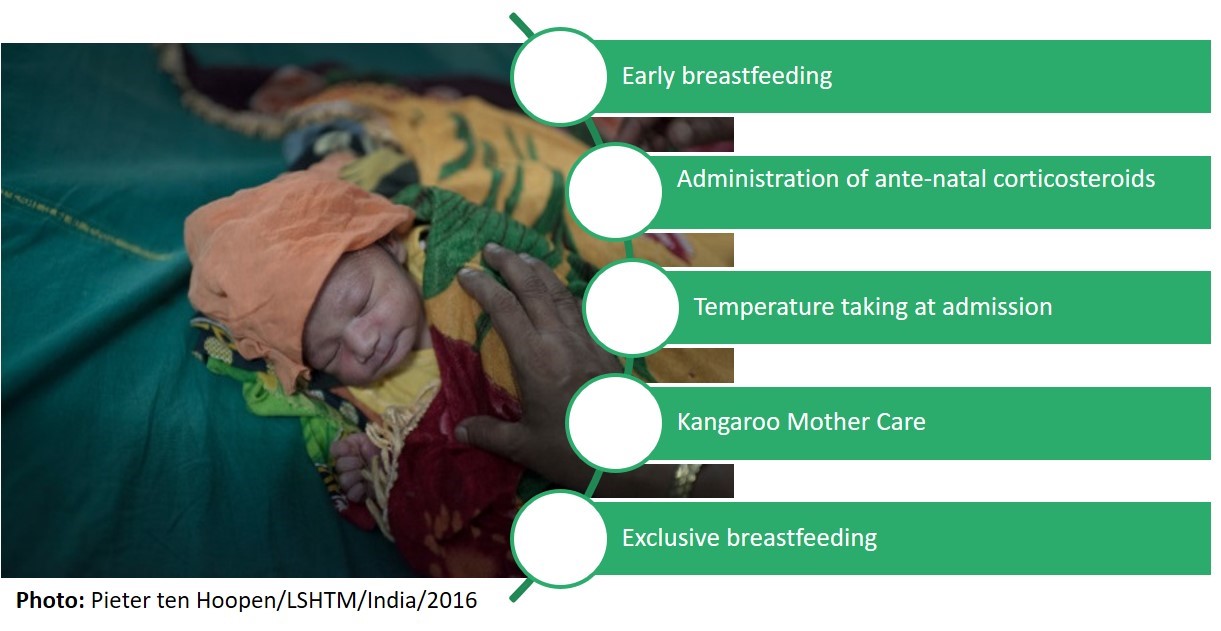 A picture of a newborn in India with 5 green bars, each listing a different evidence based practice. They read: Early breastfeeding, administration of ante-natal corticosteroids, temperature taking at admission, Kangaroo mother care, exclusive breastfeeding