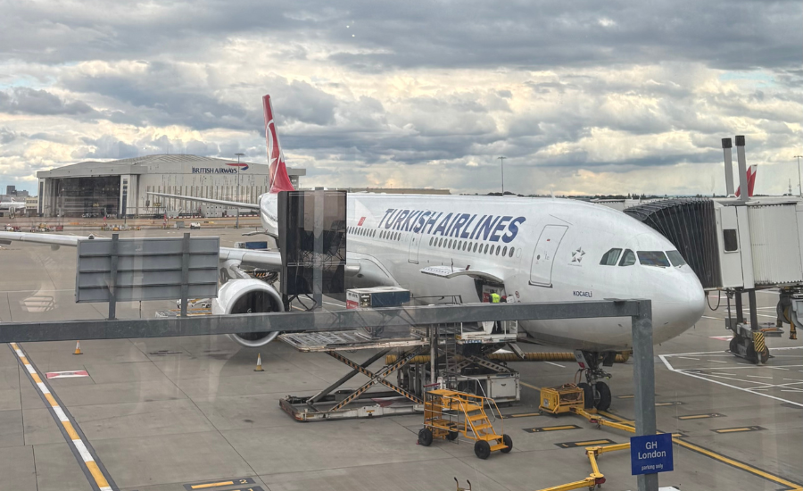 A plane at an airport gate.