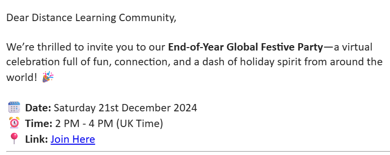 A screenshot of email invitation to distance learning student end of year party.