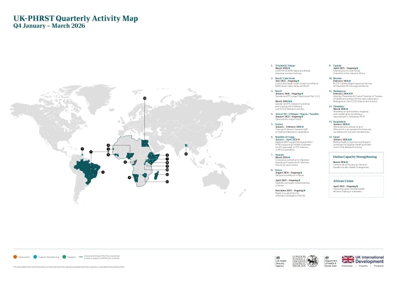 UK-PHRST world map showing highlighted countries with UK-PHRST activity between January and March 2026.