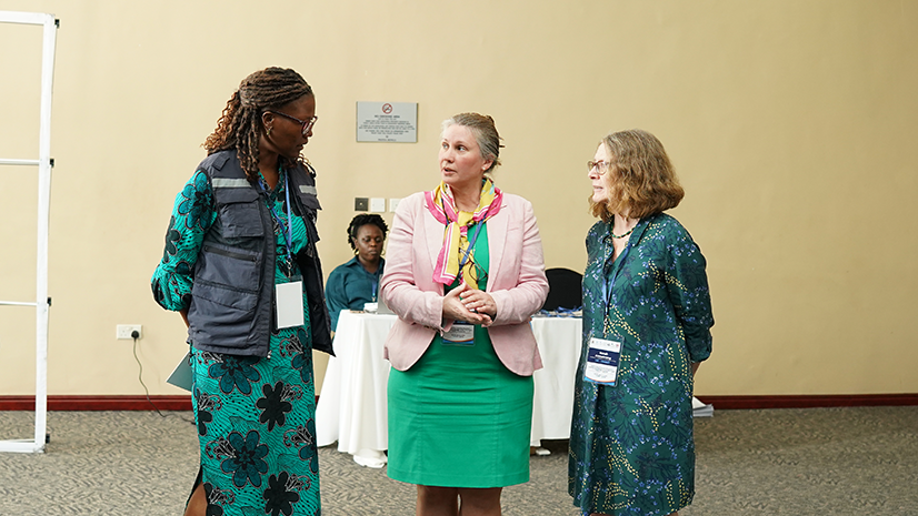 UK-PHRST staff standing discussing with World Health Organization colleague during workshop
