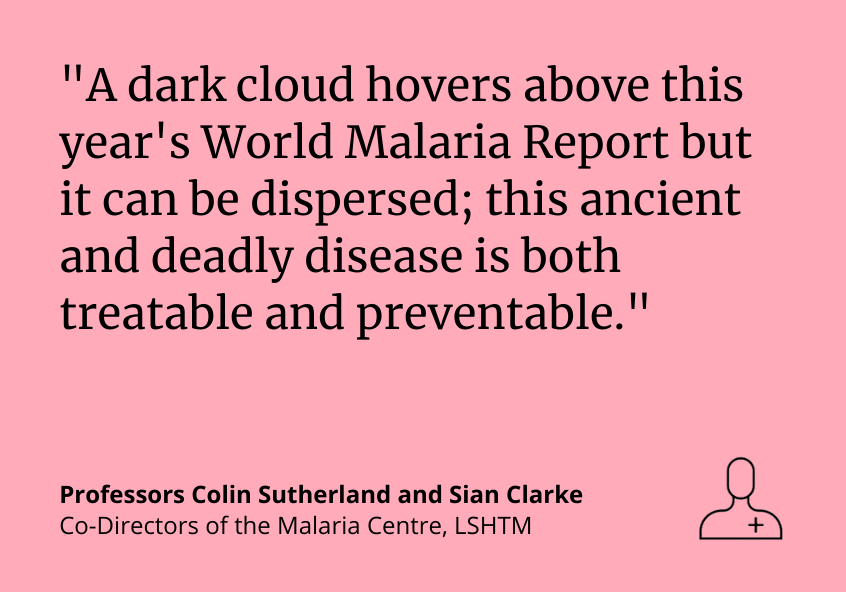 Professors Colin Sutherland and Sian Clarke: "A dark cloud hovers above this year's World Malaria Report but it can be dispersed; this ancient and deadly disease is both treatable and preventable."