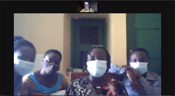 (L-R): Mercy, Bettress, Laheri and Joshua in Kagando, with Marina on Zoom. 