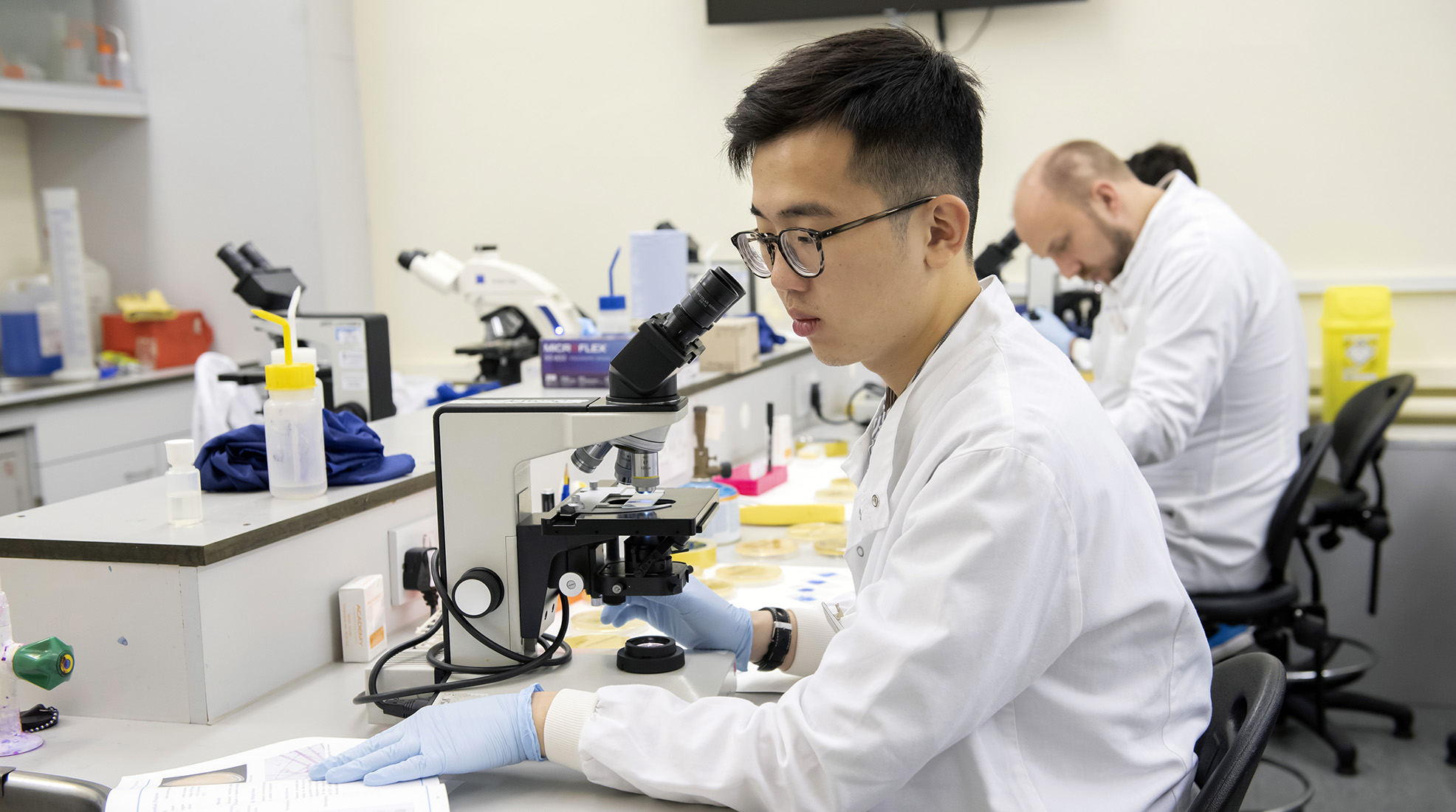 Master&#039;s students investigating fungi in a lab session led by Victoria Miari, Principal Scientific Officer at LSHTM