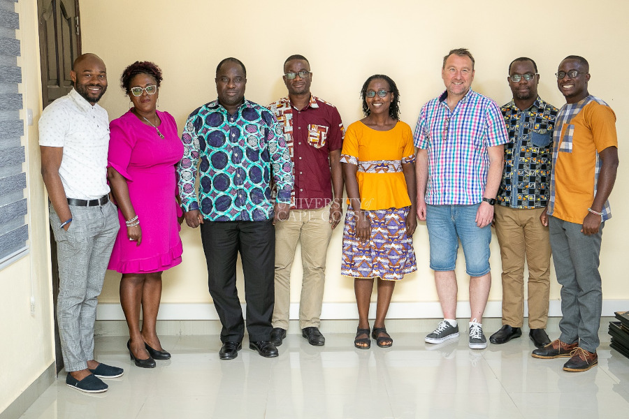 Dr Ebenezer Foster-Nyarko (first from left) and Mr David Baker (third from right), with hosts at the University of Cape Coast (2nd and 4th from right), the Director of Research, Innovation and Consultancy (third from left) and other dignitaries at the University of Cape Coast, Ghanad.