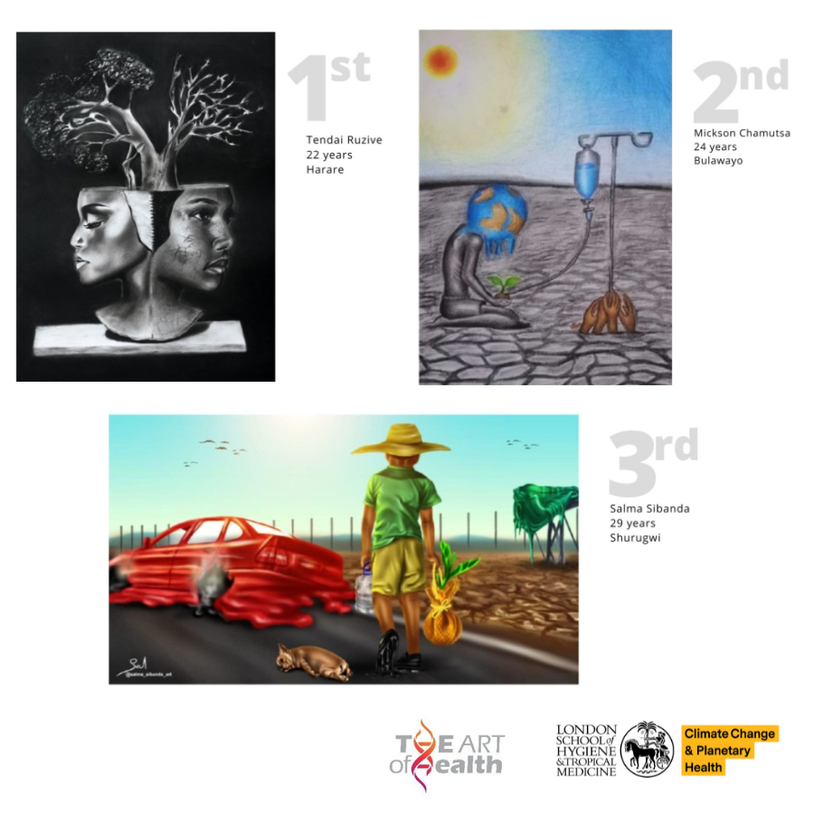 Collage showing three pieces of artwork showing the impacts of extreme heat and drought and potential benefits of action