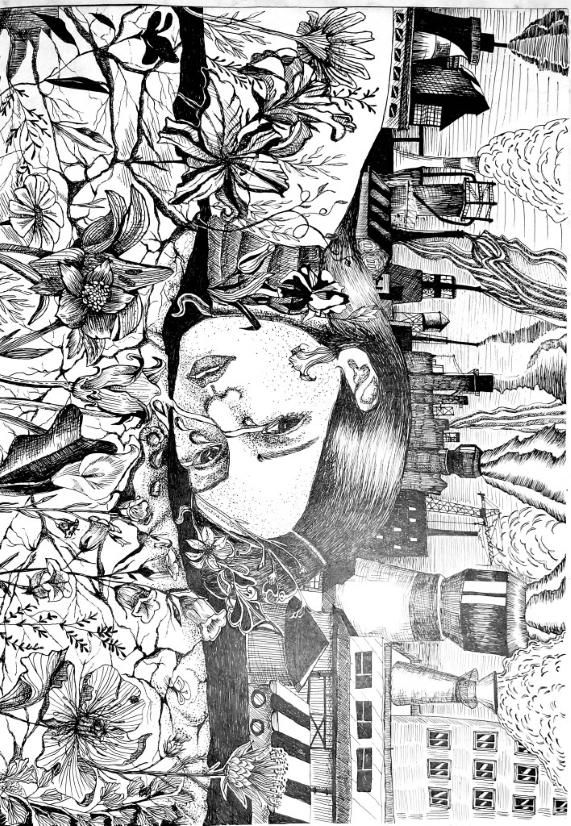 Black and white drawing of a woman lying on her side, surrounded by flowers below her and smoke-emitting buildings above her