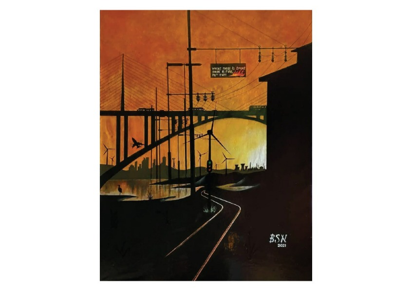 Painting of a road under orange sky, surrounded by wind turbines and buildings with a bridge in the distance