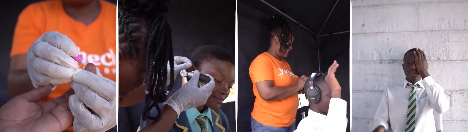 Four square images showing different tests. Image one: A small needle is pressed into an outreached finger. Image two: A healthcare worker uses a device to look into a young person's ear. Image three: A young person with headphones on raises their hand, a healthcare worker stands behind them. Picture four: A young person sits against a white wall, covering one eye with their hand.