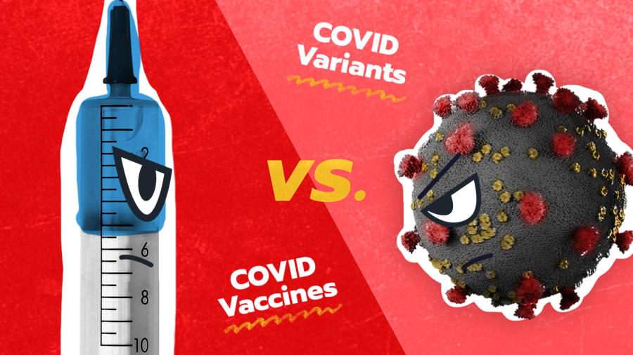 Graphic with image of COVID-19 vaccines opposite COVID-19 particle, with words: COVID Variants vs. COVID Vaccines